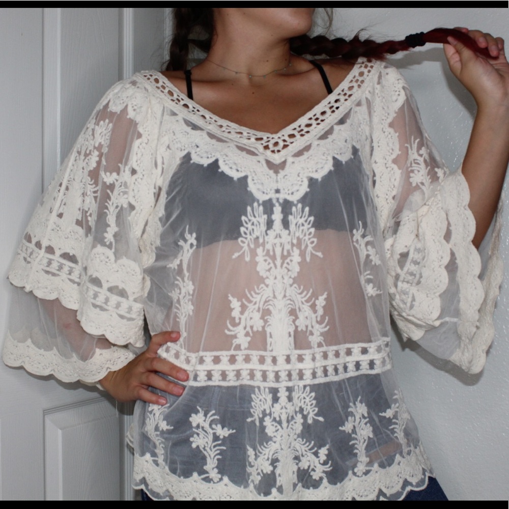White mesh and lace poncho/cover up/blouse